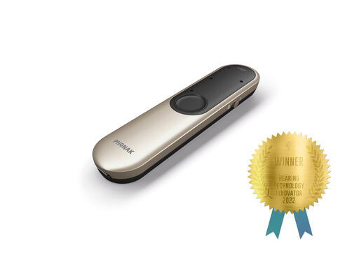 Phonak wins HTTM award with pictures of award-winning product and gold ribbon. 