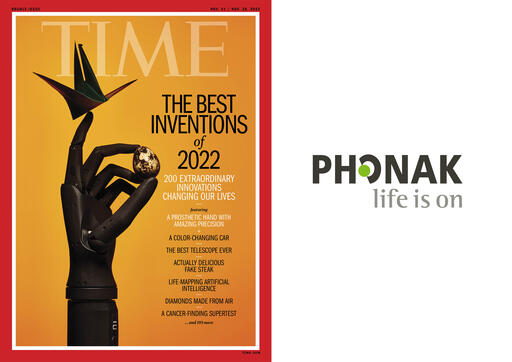 Time magazine cover with The Best Inventions of 2022 and Phonak logo next to it. 