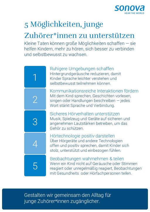 Infografik von Sonova mit fünf Tipps zur Unterstützung junger Zuhörer*innen, darunter ruhigere Umgebungen, kommunikative Interaktionen, sicheres Hörverhalten, positive Darstellung von Hörtechnologie und das Teilen von Beobachtungen.