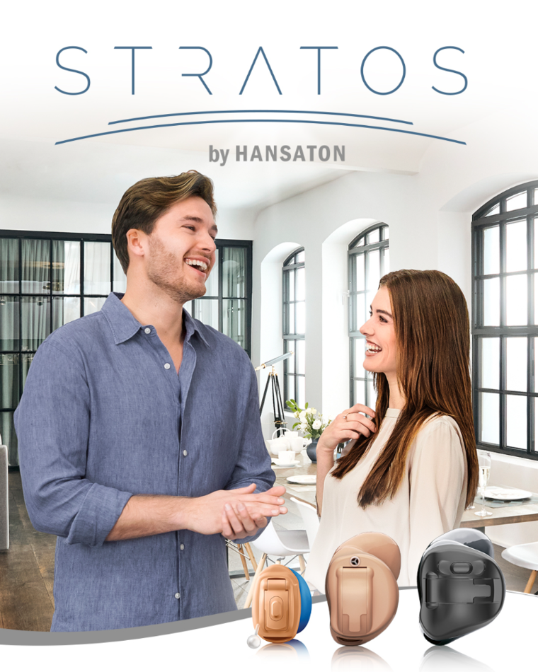 STRATOS by HANSATON a young man and woman share smiles with ITE hearing aids